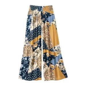 Coldwater Creek Patchwork Wide Leg Pants Floral Mustard Blue 1X